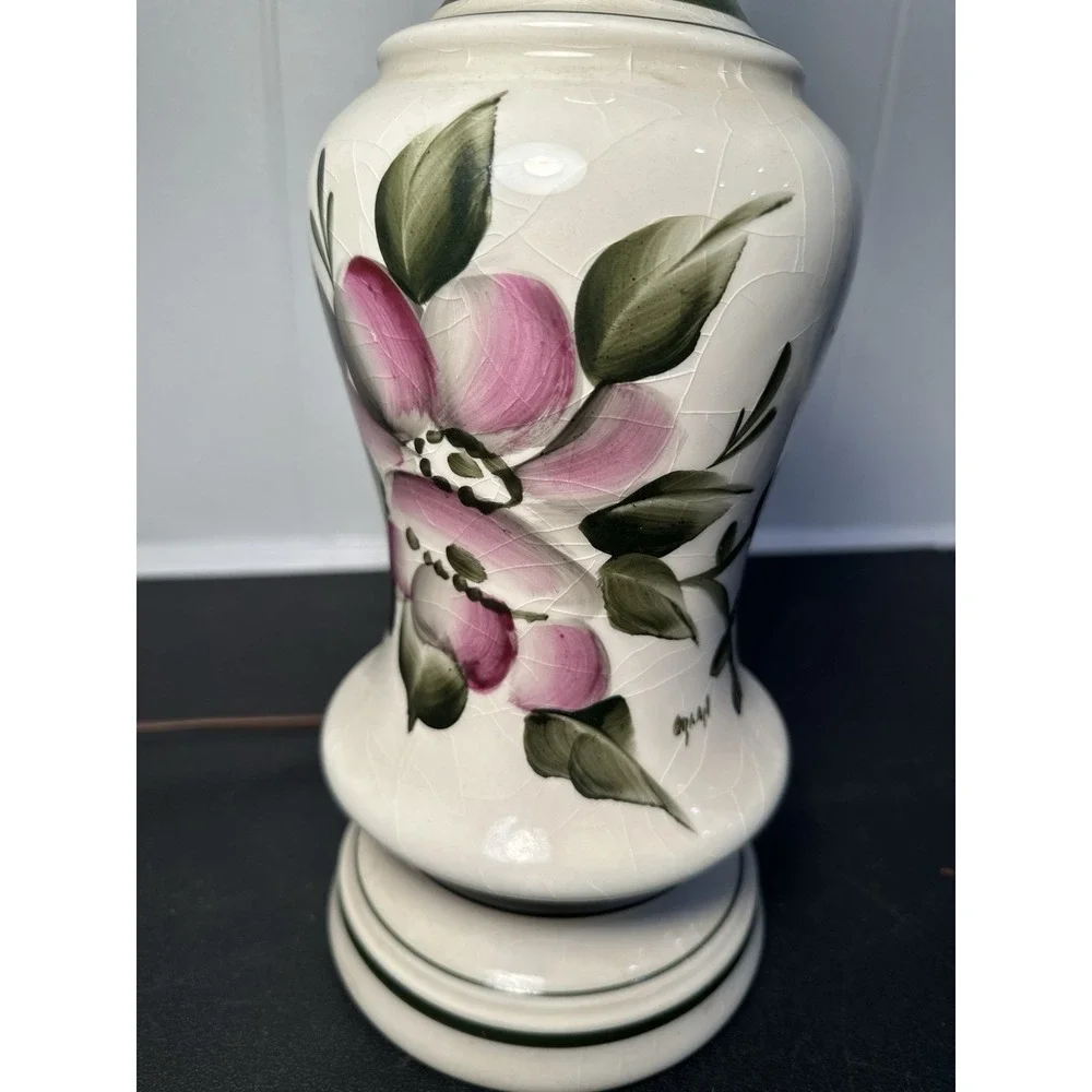 VTG Hand-Painted Crackle Ceramic Table Lamp Pink Floral Brass Hollywood Regency‎